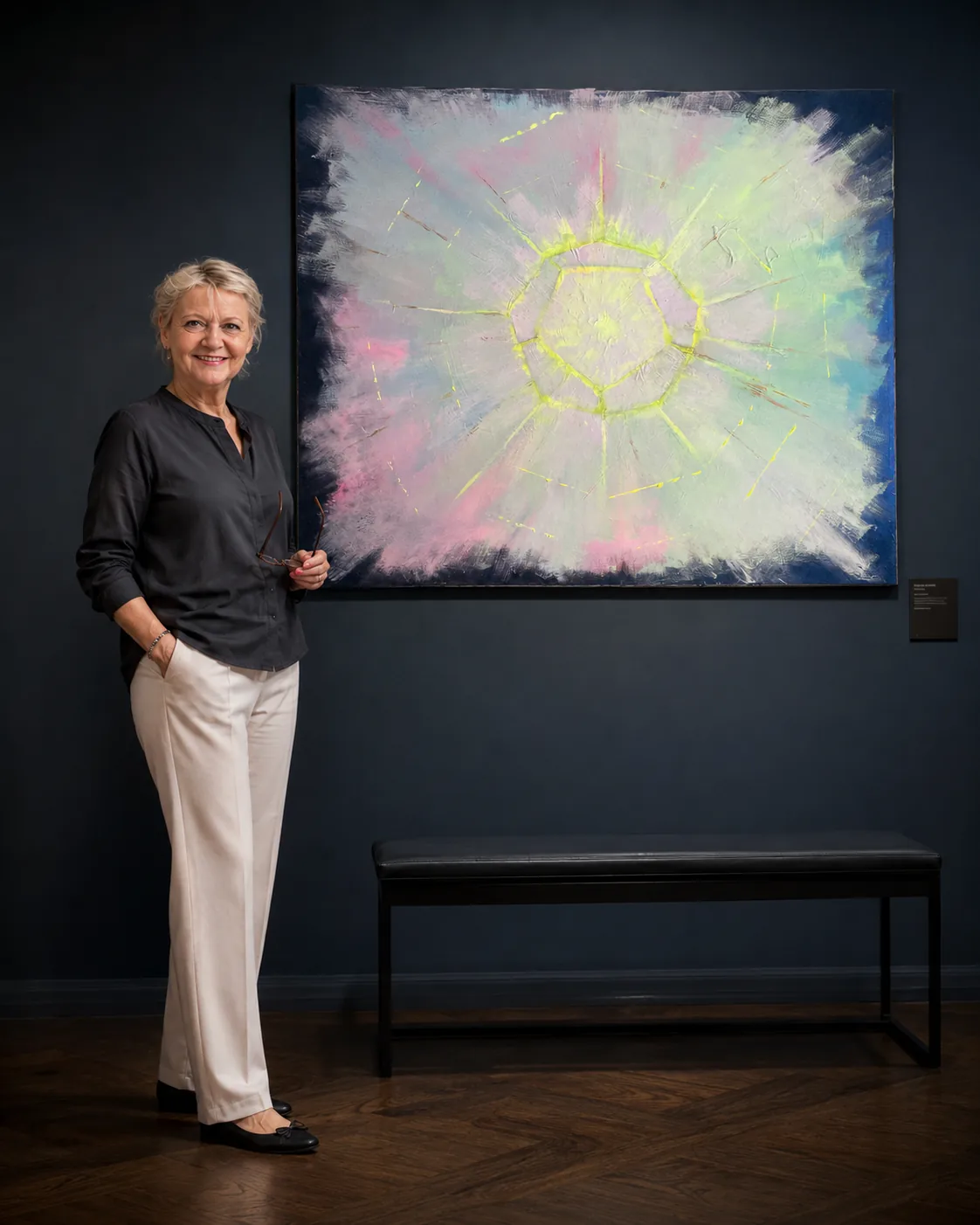 Energy Painting — Inner Bloom, acrylic on canvas, with Margarete in the atelier