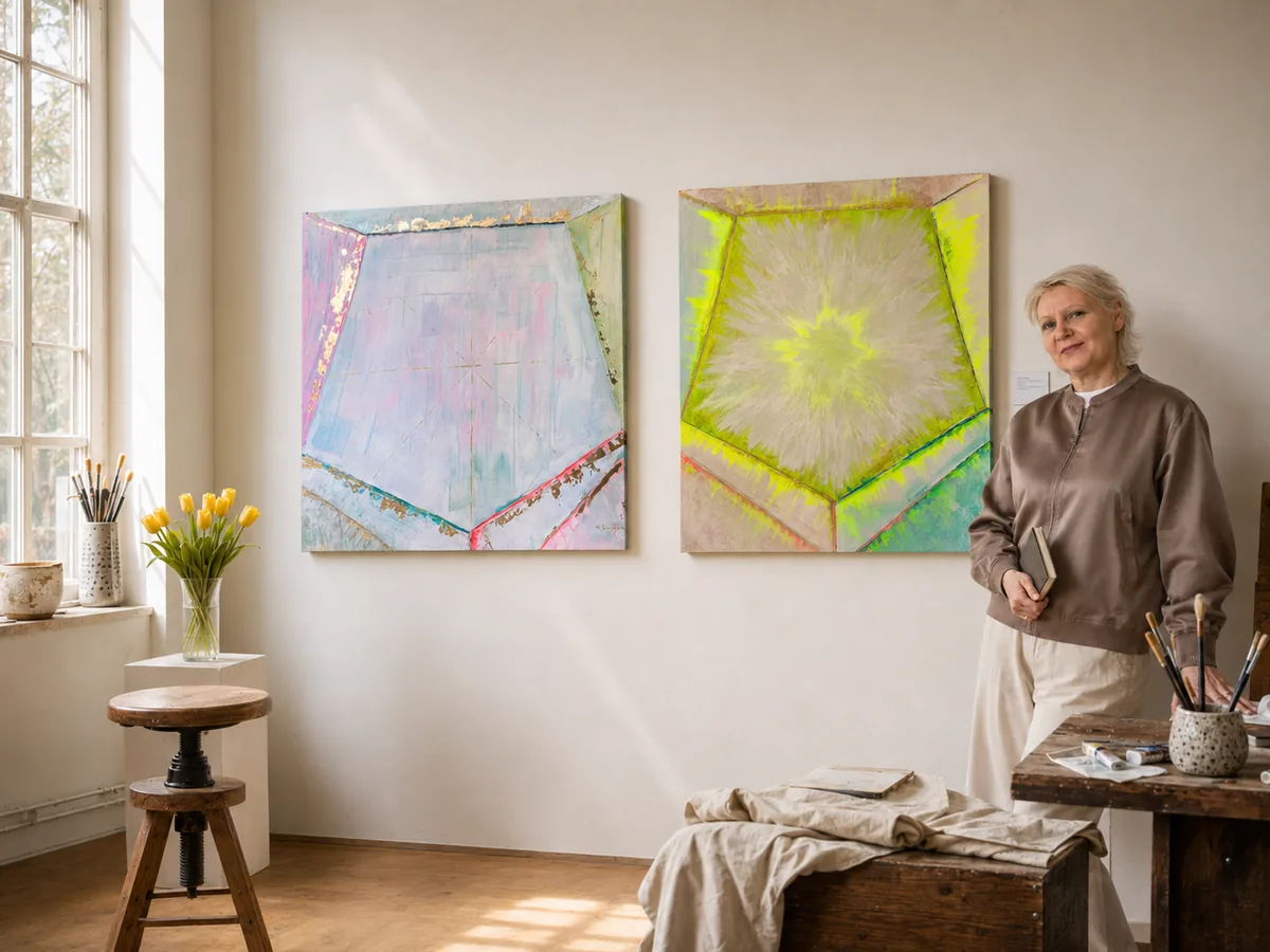 Margarete in her atelier with two Energy Paintings