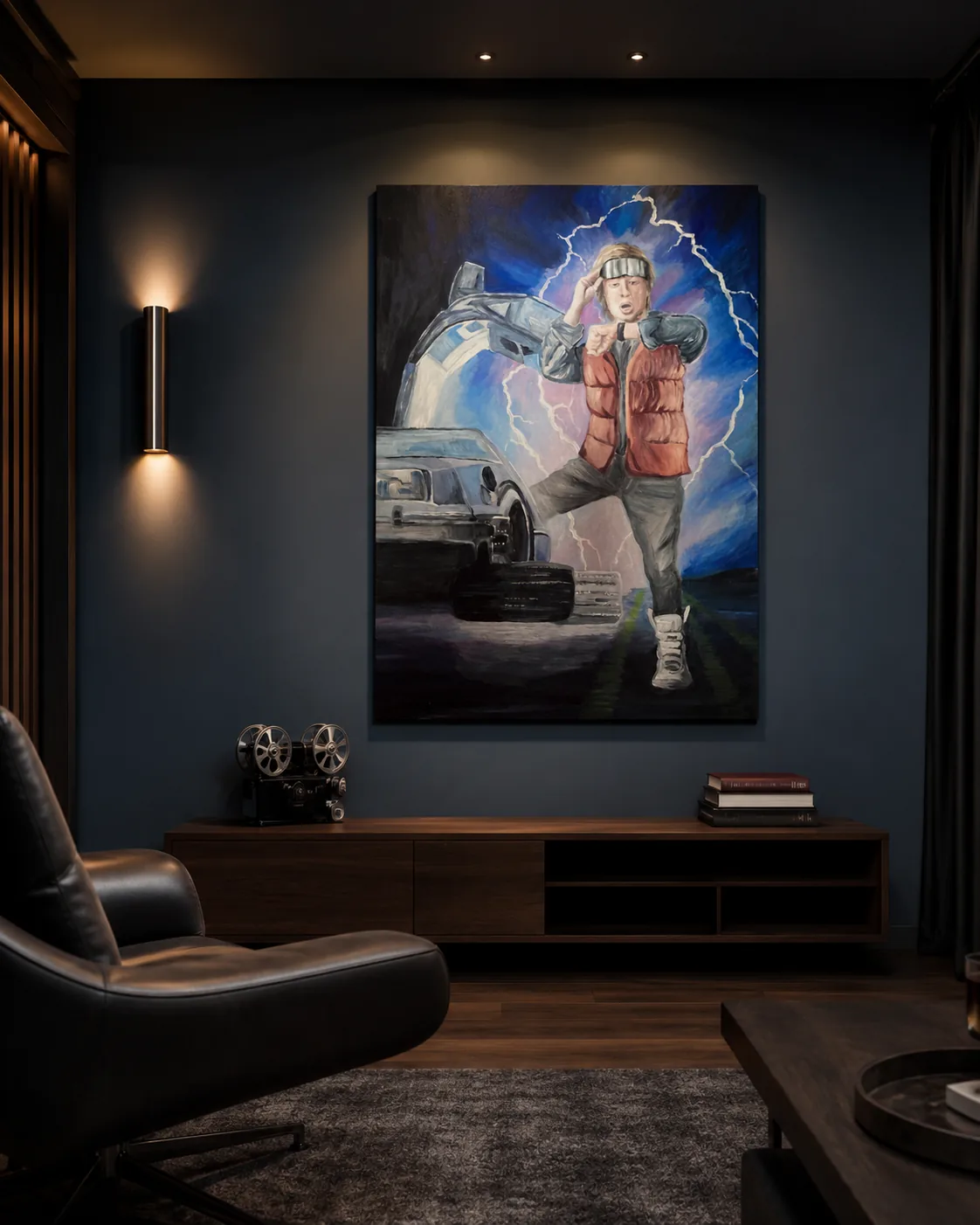 Private commission — pop-culture portrait with car and lightning, media room